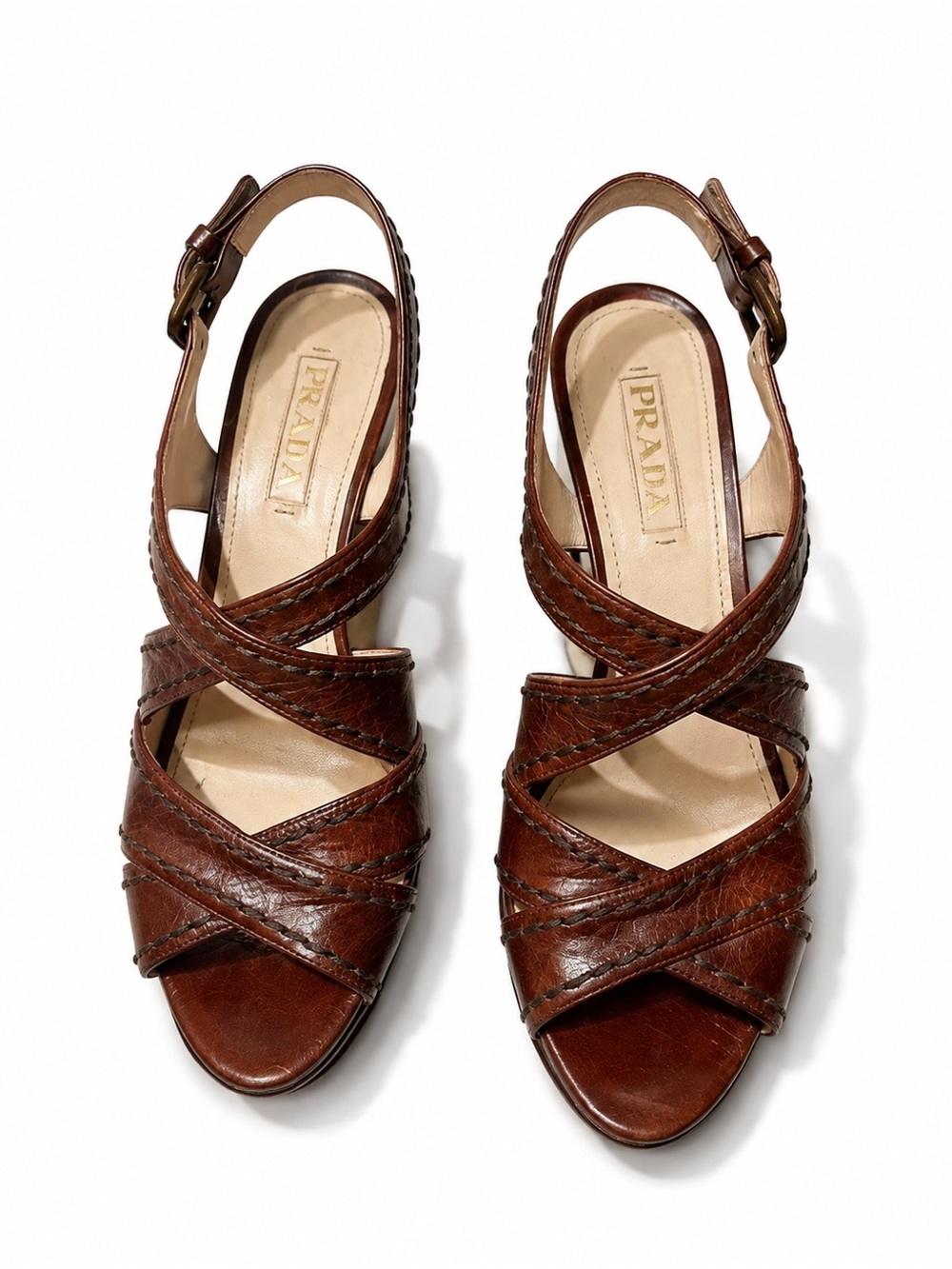 PRADA BROWN LEATHER PLATFORM SANDALS